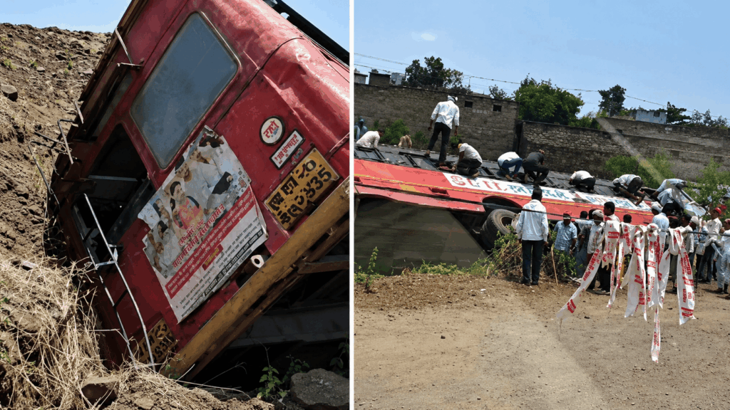 ST Bus Overturns on Udgir–Ahmedpur Route; Passengers Rescued Safely After Losing Control on Narrow Road. news04